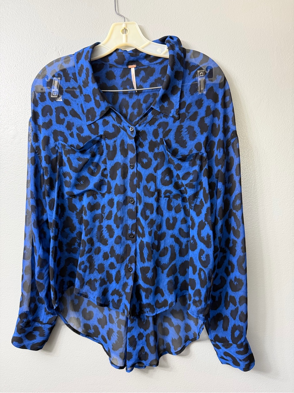 Free People Sheer Rollup Sleeves Womens Blue & Black Leopard Print Blouse xs